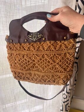 Etienne Aigner Boho Crochet Brown Tote Bag with Leather Trim